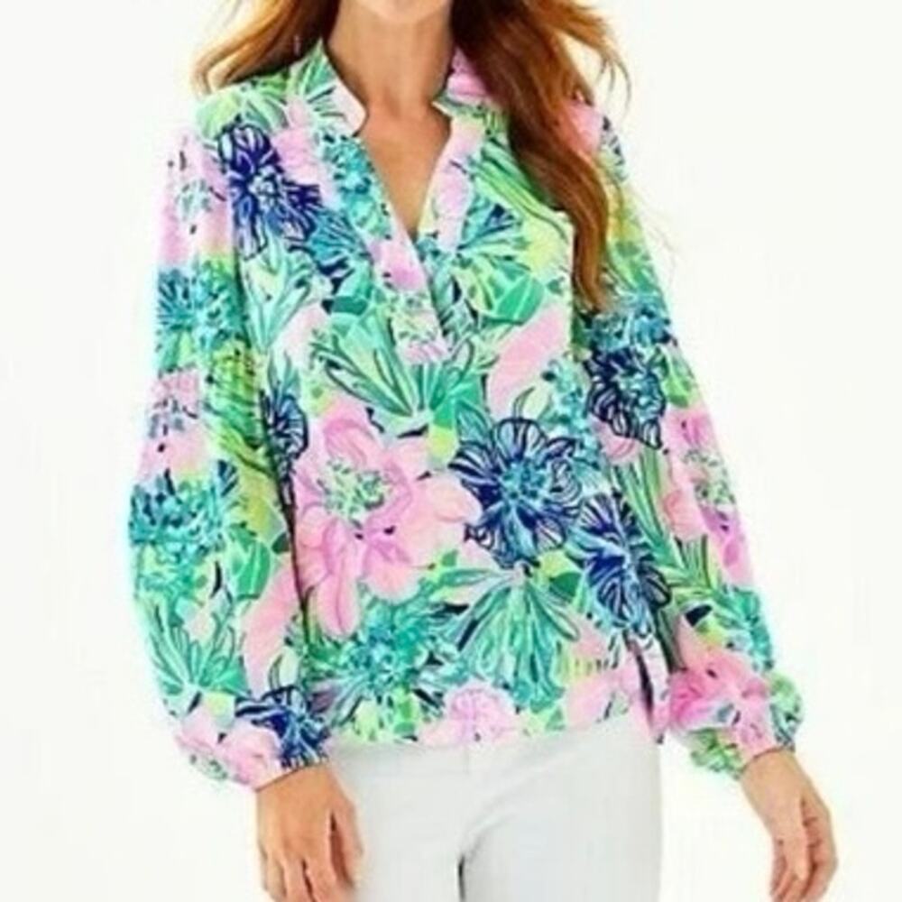 Lilly Pulitzer Shea Silk Tunic Top Blouse Multi Island Escape Floral Preppy Sz S
